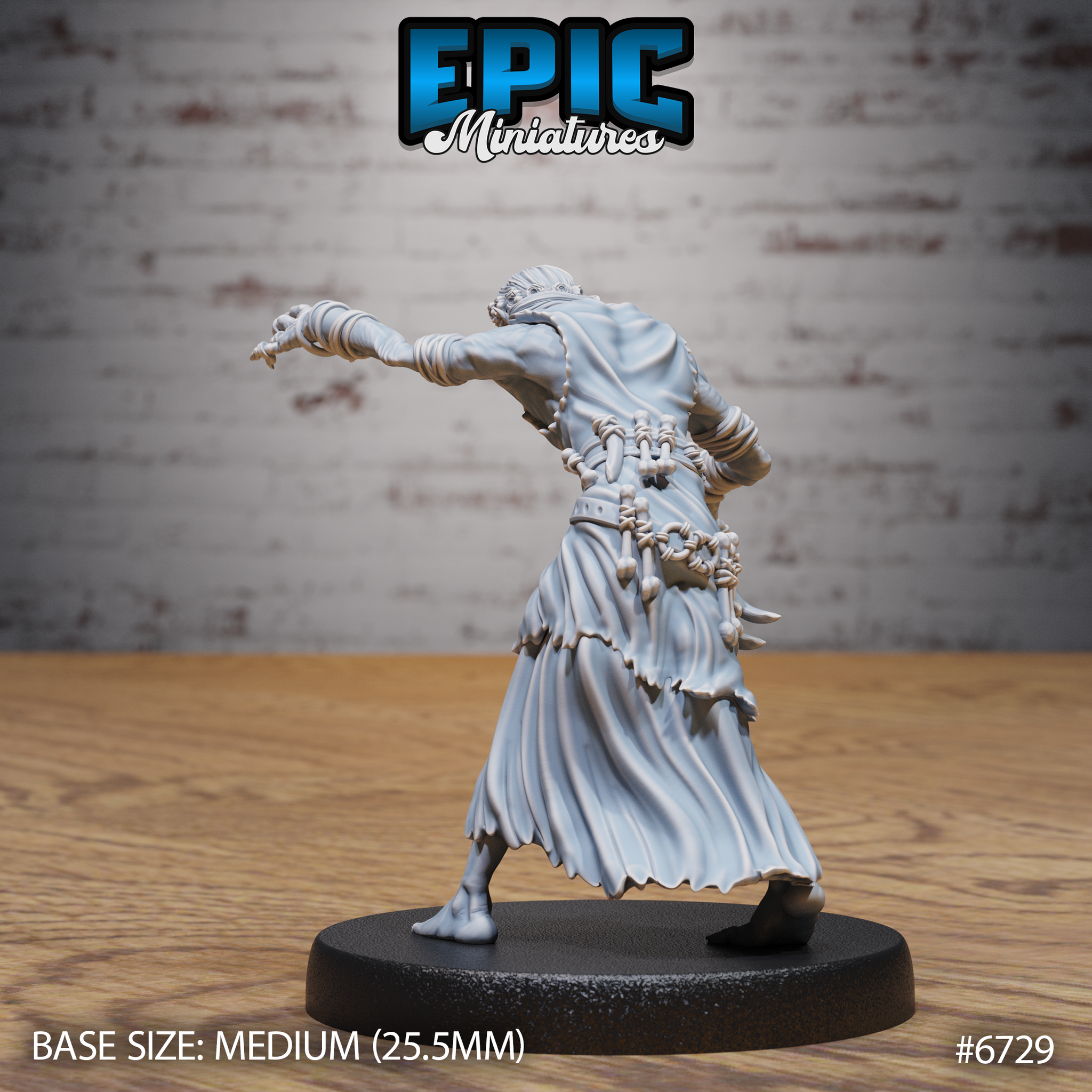 Unpainted grey resin miniature of a ghoul gravecaller, rear three-quarter view — flowing robes with dynamic motion, belt adorned with hanging bones and charms, outstretched clawed arm visible from behind, on a 25.5mm round black base