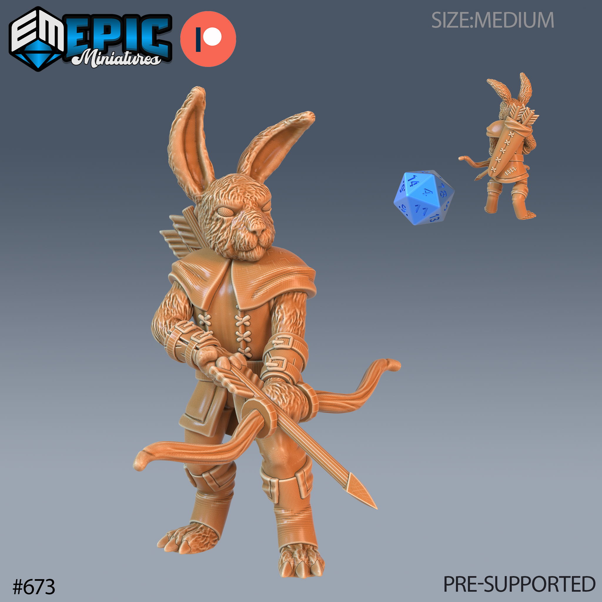 Digital render of an unpainted resin Bunny Ranger miniature — a harengon ranger in a ready stance holding a longbow with an arrow, wearing a leather pauldron, laced bracers, and armoured greaves, with a quiver of arrows across the back. A small secondary view shows the rear of the miniature with a feathered helmet. A blue d20 is shown for scale. Medium size, 32mm scale, by Epic Miniatures.