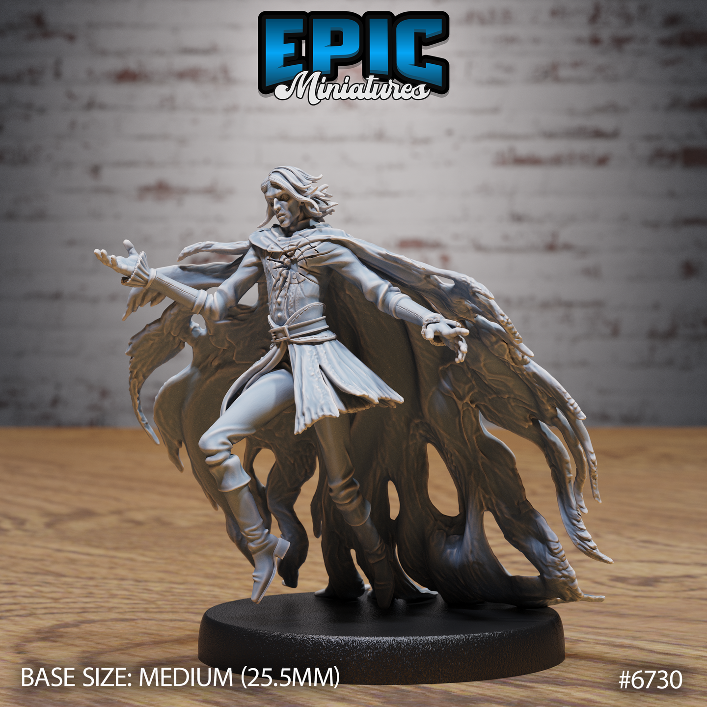 Front view of an unpainted grey resin Shattered Ghost miniature on a medium 25.5mm round base — a long-haired male figure in a traveller's coat holds a short blade in one hand while reaching forward with the other, his lower body dissolving into sweeping spectral tendrils and ghostly shadow forms