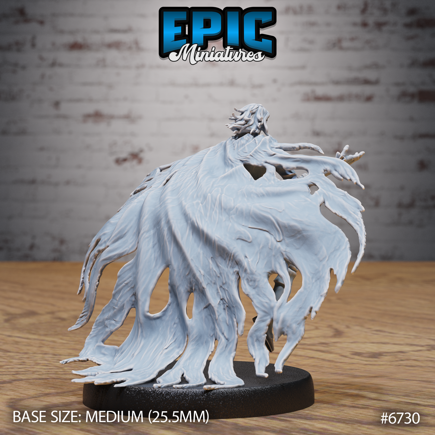 Rear view of the unpainted grey resin Shattered Ghost miniature, showing the dramatic spectral mass from behind — the figure is almost entirely consumed by layered flowing tendrils of ghostly energy, with only the windswept hair and one outstretched hand visible above the cascading ethereal forms