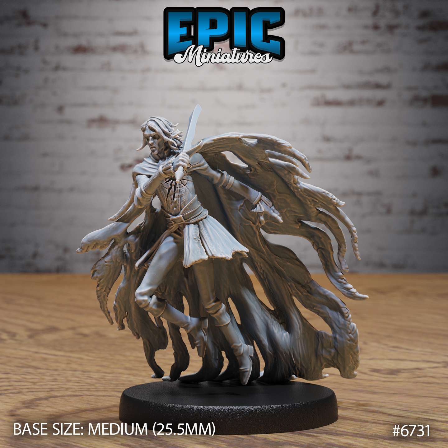 Front view of an unpainted grey resin Shattered Ghost miniature — a slender female figure with flowing hair raising a straight sword in a two-handed grip, her coat billowing open, surrounded by a dramatic mass of tattered spectral robes that fan outward behind her; 32mm scale on a medium 25.5mm round base