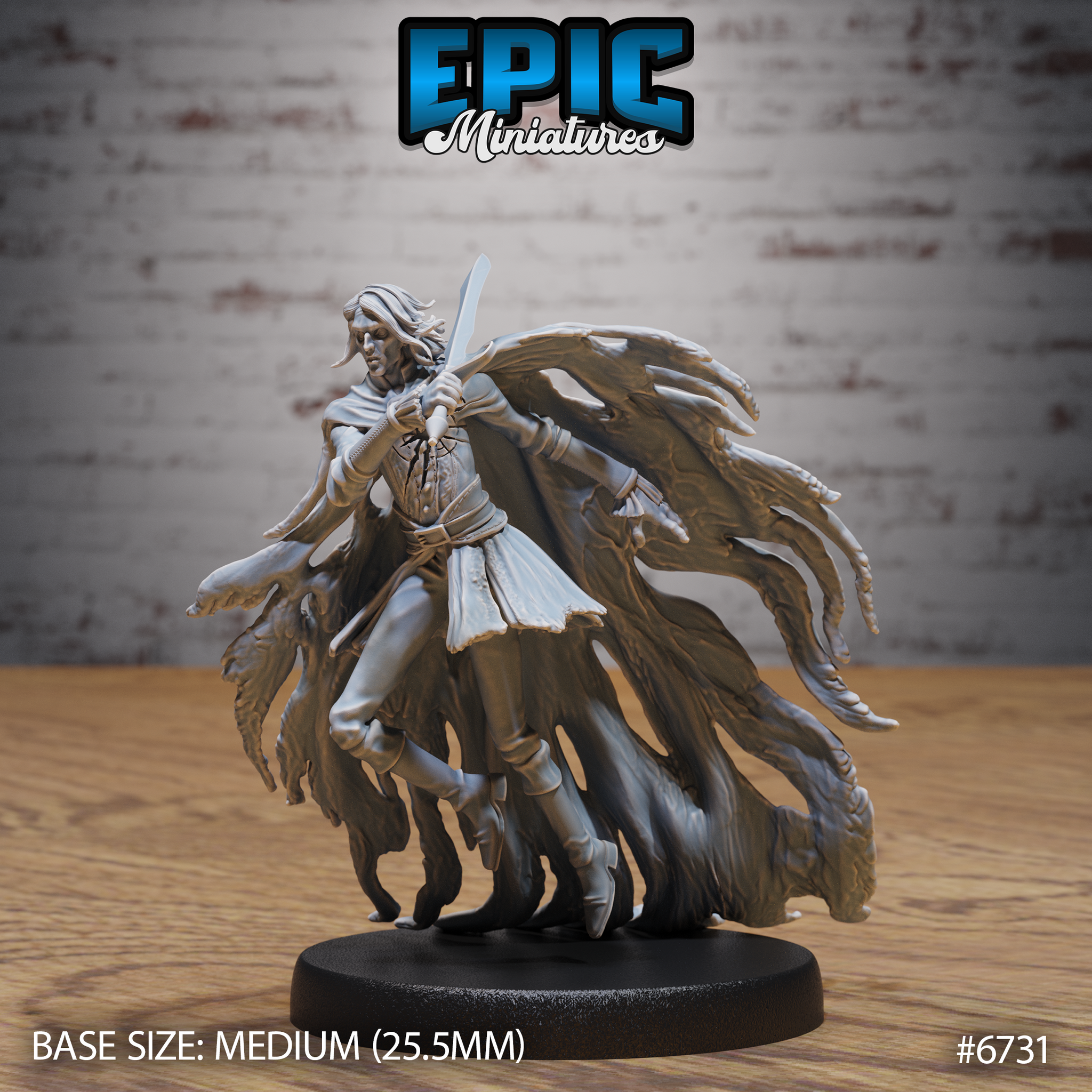 Front view of an unpainted grey resin Shattered Ghost miniature — a slender female figure with flowing hair raising a straight sword in a two-handed grip, her coat billowing open, surrounded by a dramatic mass of tattered spectral robes that fan outward behind her; 32mm scale on a medium 25.5mm round base