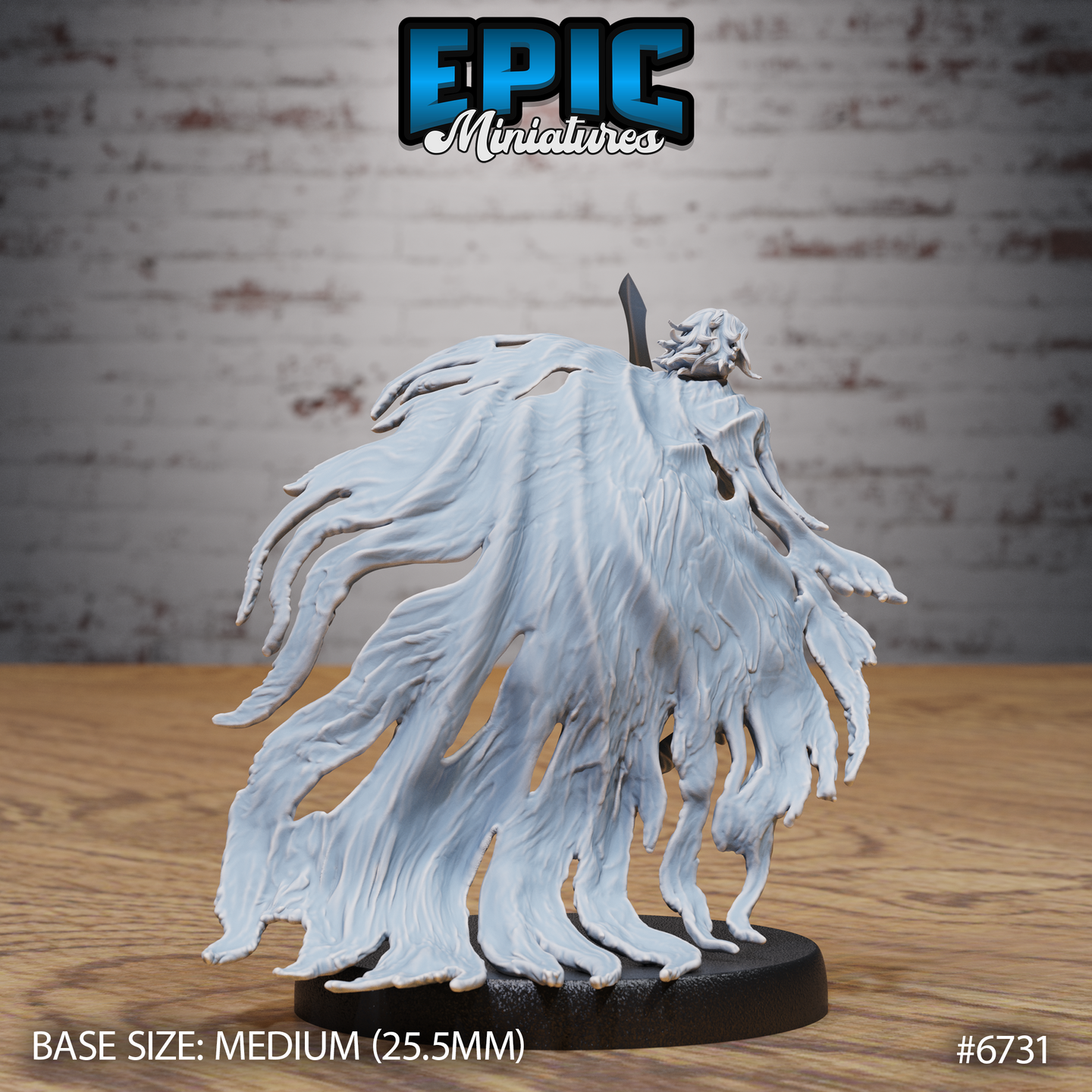 Rear view of the same unpainted grey resin Shattered Ghost miniature — the large spectral shroud dominates the composition, with ribbons of torn ectoplasmic fabric flowing outward in all directions and a single dark blade rising from the centre of the haunted mass; 32mm scale on a medium 25.5mm round base