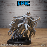 Unpainted grey resin 32mm miniature of a long-haired male sorcerer in a tattered web-clasped coat, raised aloft by spectral ghostly hands and wraith tendrils, holding a broken lantern — Shattered Ghost Lamp by Epic Miniatures