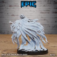 Unpainted grey resin 32mm miniature of a fully manifested ghost with billowing shredded tendrils, hollow face emerging from the mass with arms outstretched — Shattered Ghost Lamp ghost form by Epic Miniatures