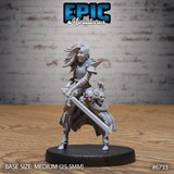 Front view of an unpainted grey resin 32mm Revenant Headhunter miniature by Epic Miniatures — a female undead warrior mid-stride, wielding a large serrated greatsword and clutching two severed goblinoid heads, wearing studded leather armour with pauldrons and a tattered layered skirt, mounted on a medium 25.5mm round black base