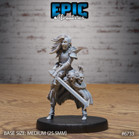 Front view of an unpainted grey resin 32mm Revenant Headhunter miniature by Epic Miniatures — a female undead warrior mid-stride, wielding a large serrated greatsword and clutching two severed goblinoid heads, wearing studded leather armour with pauldrons and a tattered layered skirt, mounted on a medium 25.5mm round black base