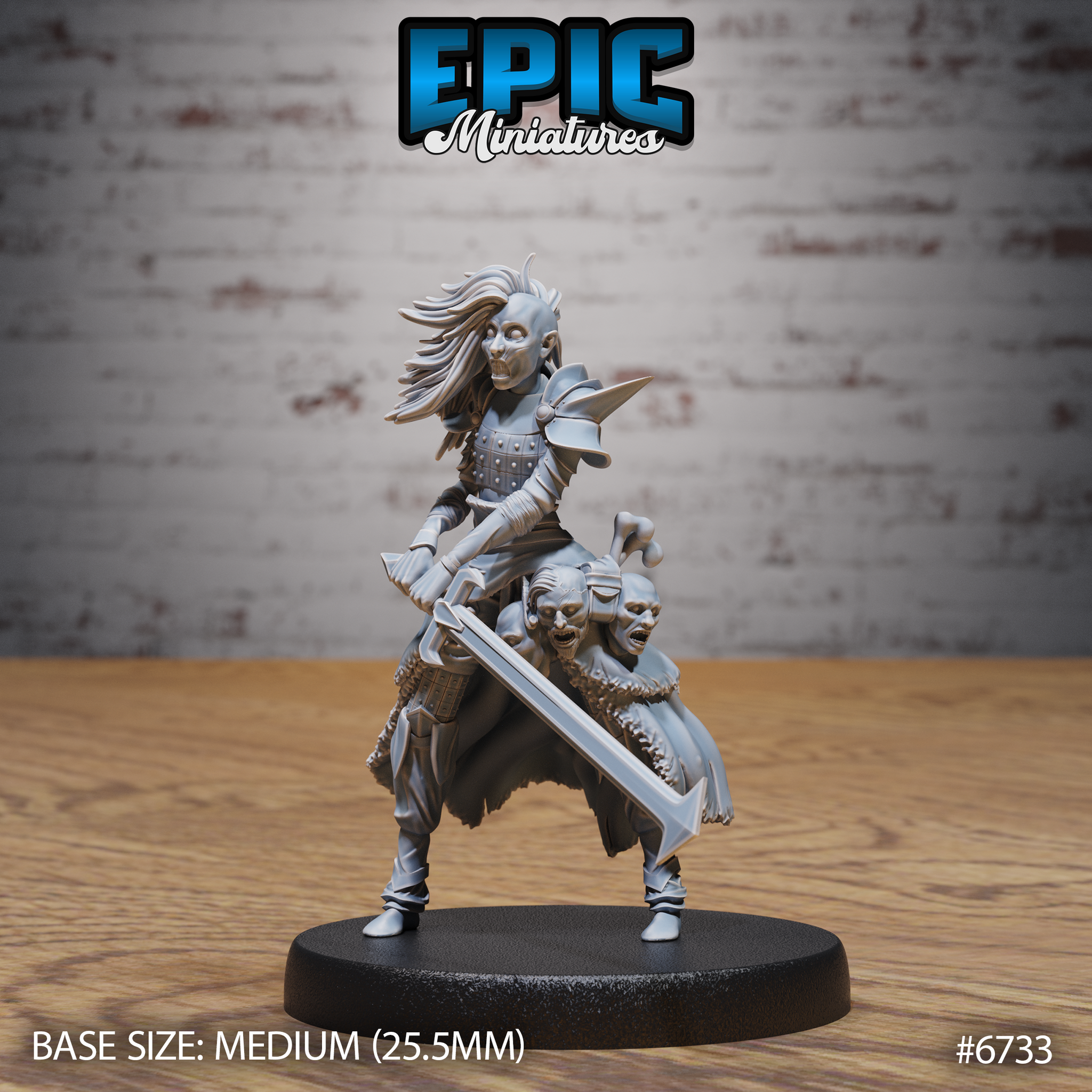 Front view of an unpainted grey resin 32mm Revenant Headhunter miniature by Epic Miniatures — a female undead warrior mid-stride, wielding a large serrated greatsword and clutching two severed goblinoid heads, wearing studded leather armour with pauldrons and a tattered layered skirt, mounted on a medium 25.5mm round black base