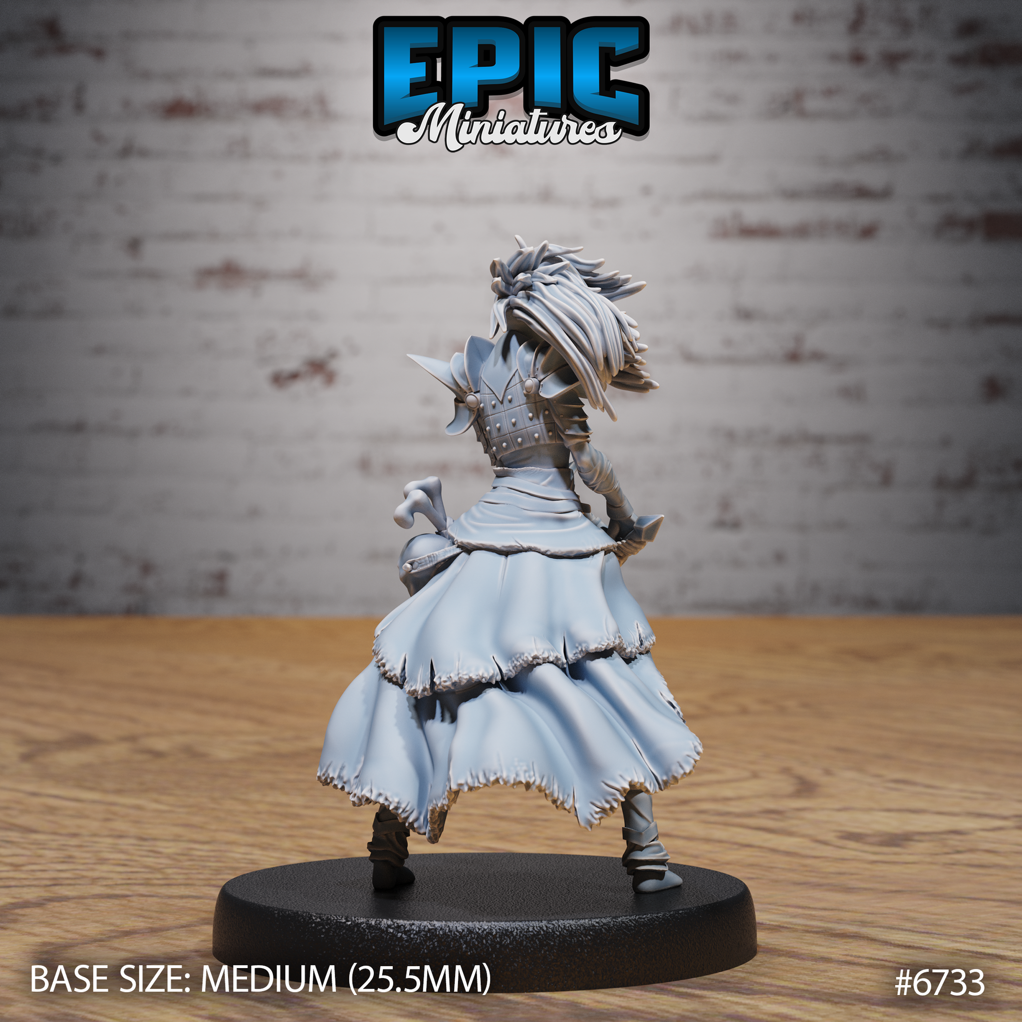 Rear view of an unpainted grey resin 32mm Revenant Headhunter miniature by Epic Miniatures — showing wild feathered hair, articulated back armour, and a dramatic billowing layered skirt with frilled edges, mounted on a medium 25.5mm round black base