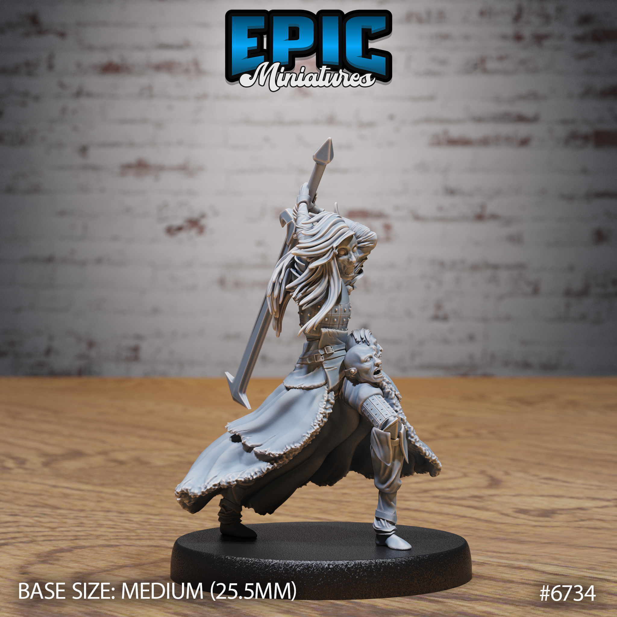 Unpainted grey resin miniature of a female revenant warrior mid-attack, raising a large two-handed sword overhead while clutching a severed head in her other hand, wearing studded leather armour and a billowing tattered coat, mounted on a medium 25.5mm round base — front-side view