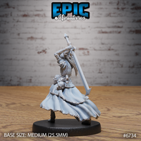 Unpainted grey resin miniature of the Revenant Headhunter Attack by Epic Miniatures, showing the sweeping tattered coat, raised two-handed sword, and severed head from a rear-side angle, highlighting the dynamic flowing fabric and armour detail on a medium 25.5mm round base
