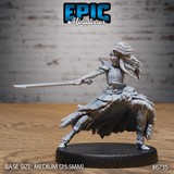 Unpainted grey resin Revenant Headhunter miniature by Epic Miniatures — female masked warrior in a wide lunging stance, longsword extended forward, severed head at her belt, ragged cloak billowing behind her, on a 25.5mm round base