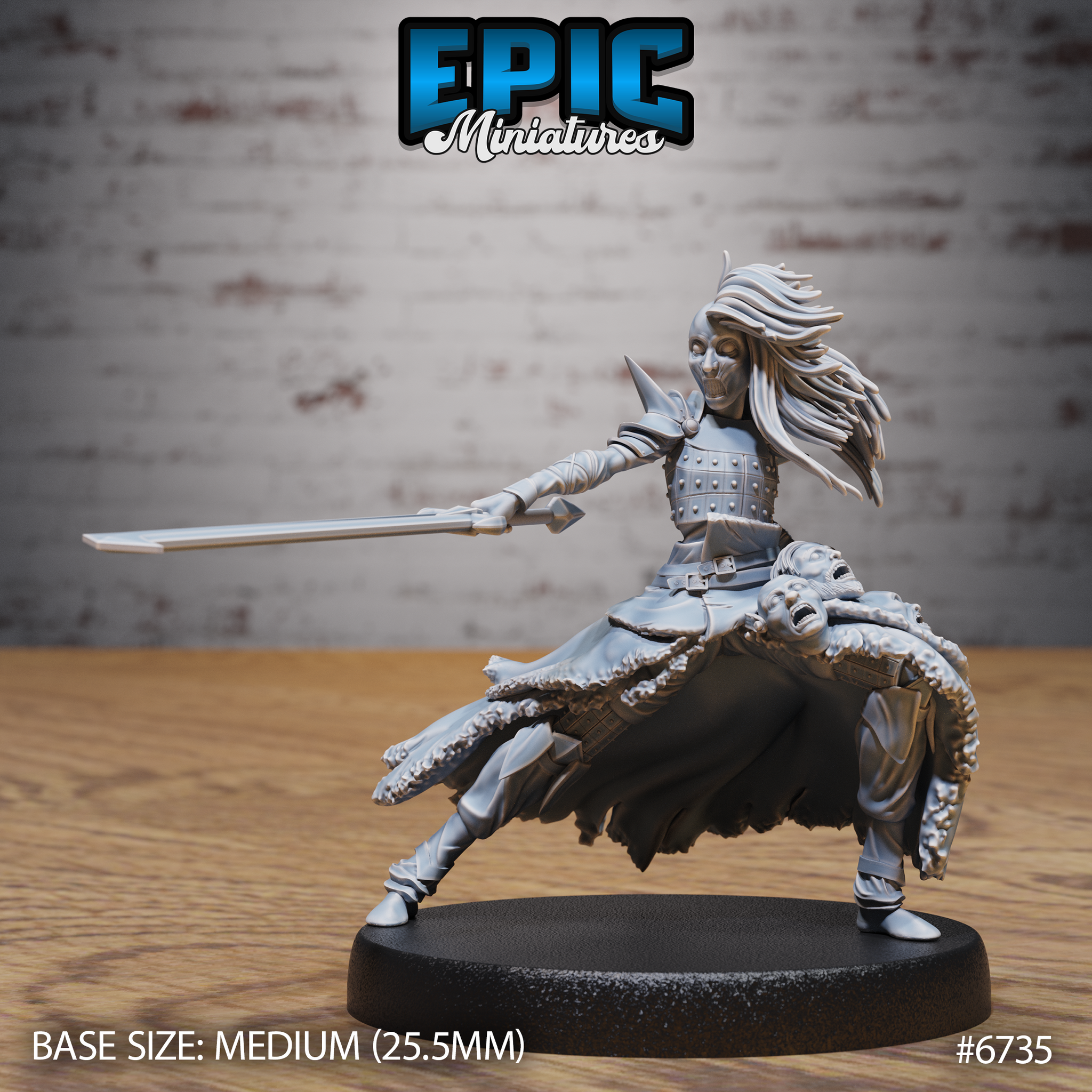 Unpainted grey resin Revenant Headhunter miniature by Epic Miniatures — female masked warrior in a wide lunging stance, longsword extended forward, severed head at her belt, ragged cloak billowing behind her, on a 25.5mm round base