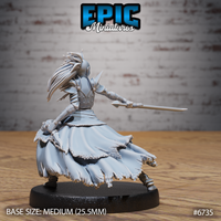 Rear three-quarter view of unpainted grey resin Revenant Headhunter miniature by Epic Miniatures — showing the full sweep of her frayed flowing cloak, back armour detail, and dynamic forward-leaning combat pose on a 25.5mm round base