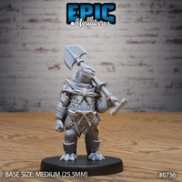 Front view of an unpainted grey resin Turtlefolk Grave Robber miniature by Epic Miniatures — a broad-jawed reptilian humanoid holding a heavy axe over one shoulder, wearing rope wrappings and a tattered loincloth, mounted on a medium 25.5mm black round base