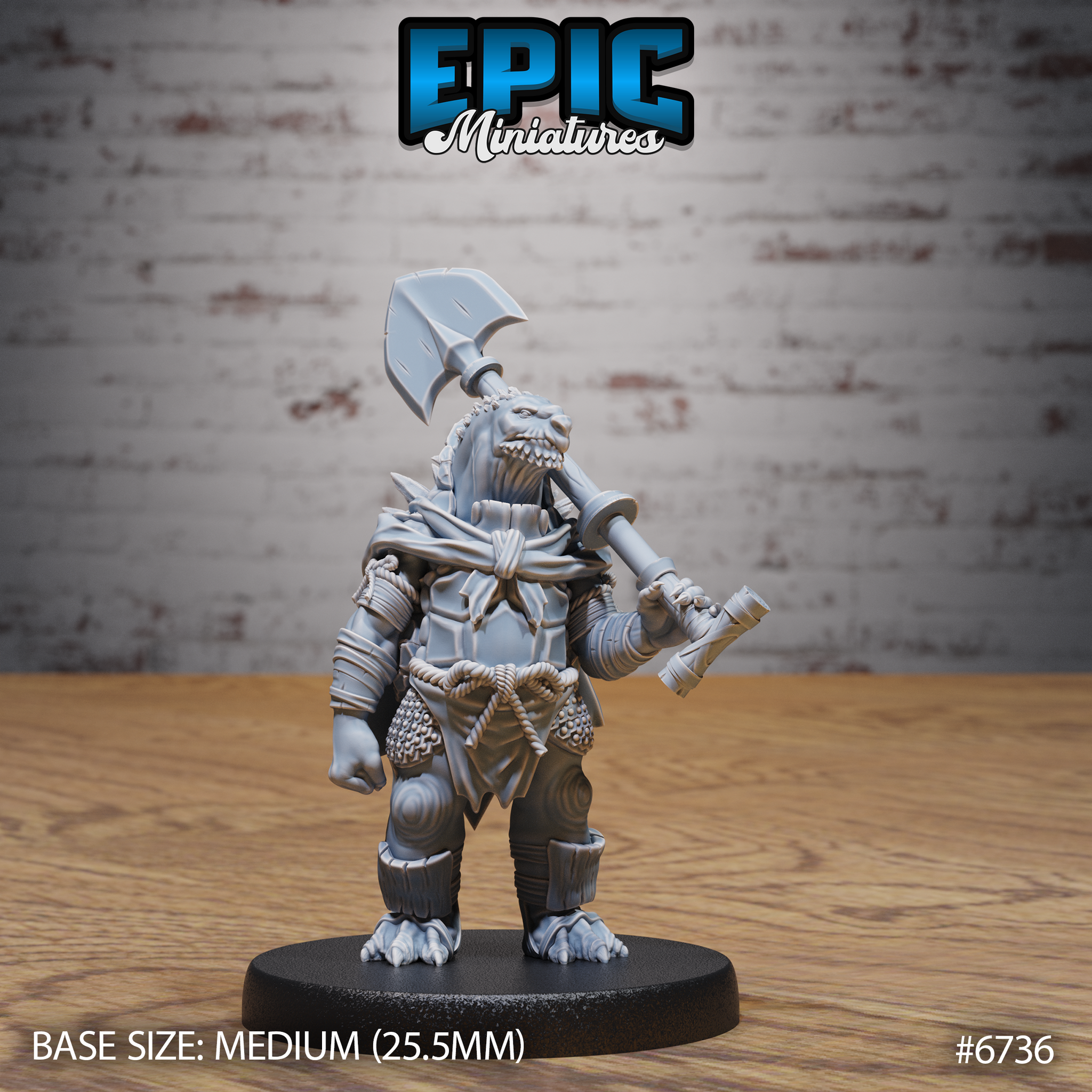 Front view of an unpainted grey resin Turtlefolk Grave Robber miniature by Epic Miniatures — a broad-jawed reptilian humanoid holding a heavy axe over one shoulder, wearing rope wrappings and a tattered loincloth, mounted on a medium 25.5mm black round base