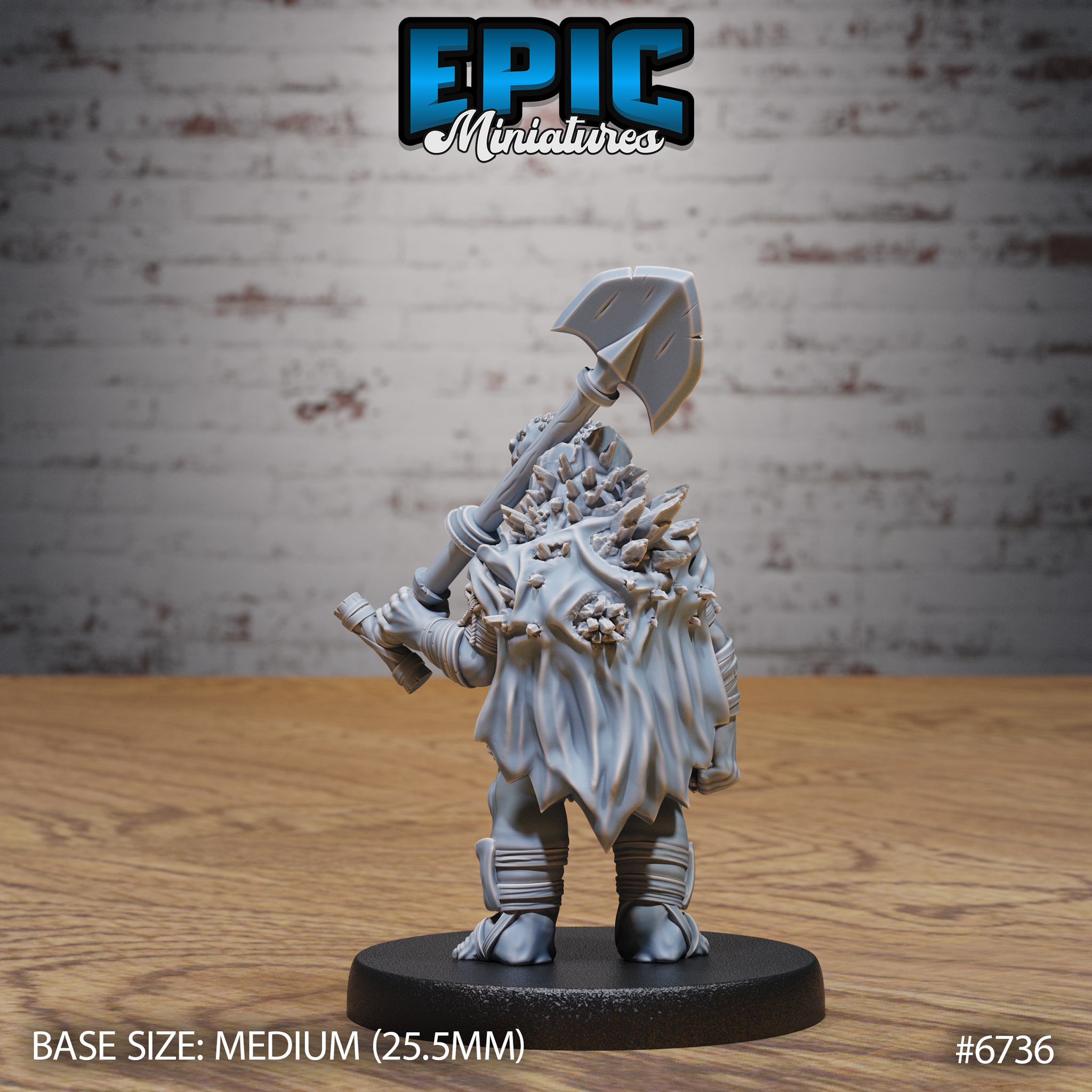 Rear view of the unpainted grey resin Turtlefolk Grave Robber miniature by Epic Miniatures — showing a large natural shell on the back encrusted with jagged rock-like protrusions, with detailed rope bindings on the shins and the axe resting across the shoulder