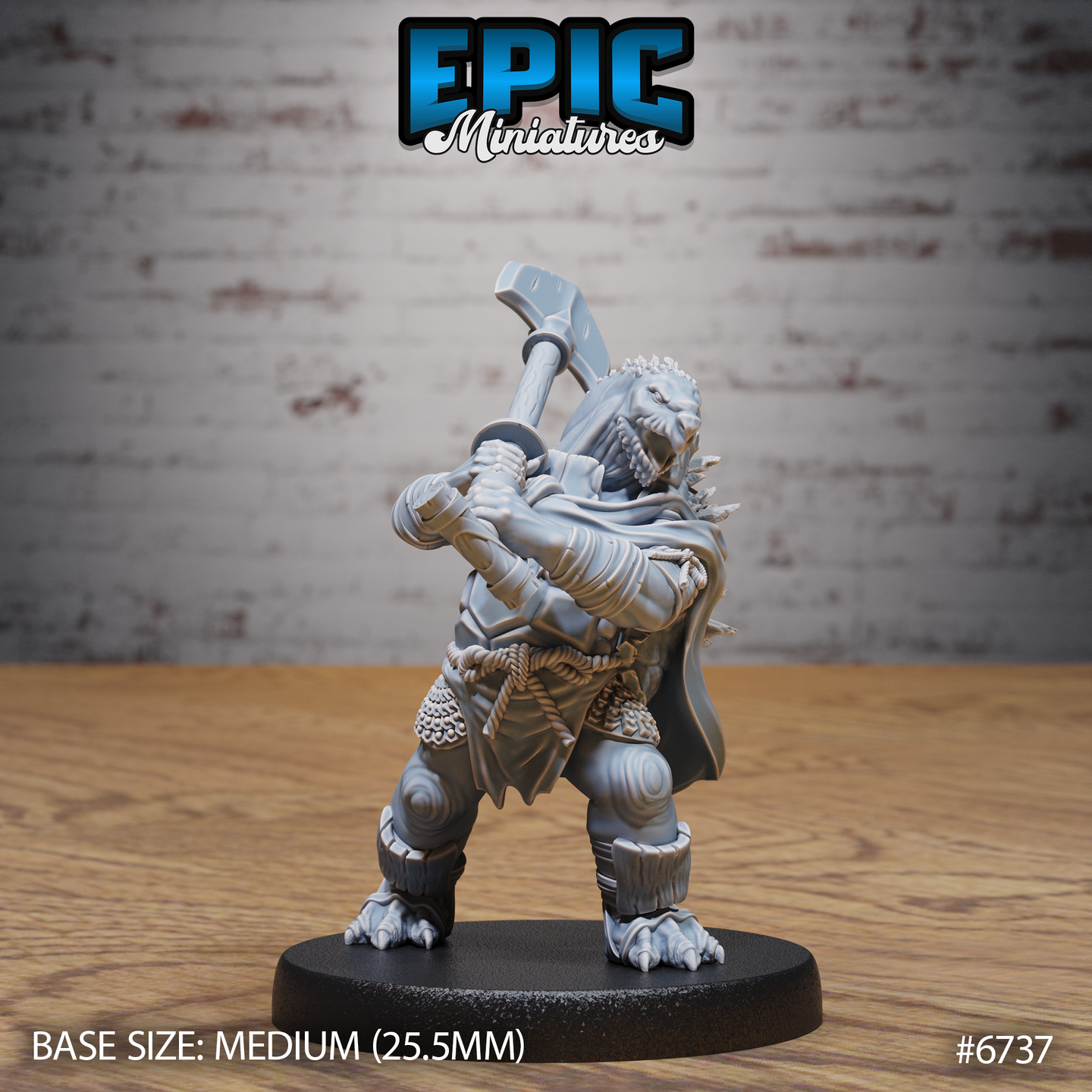 Front view of an unpainted grey resin 32mm Turtlefolk Grave Robber miniature by Epic Miniatures, showing a snarling Tortle figure mid-swing with a heavy maul raised overhead, wearing rope-bound armour, a flowing spiked cape, and chainmail skirting, clawed feet planted wide on a medium round base
