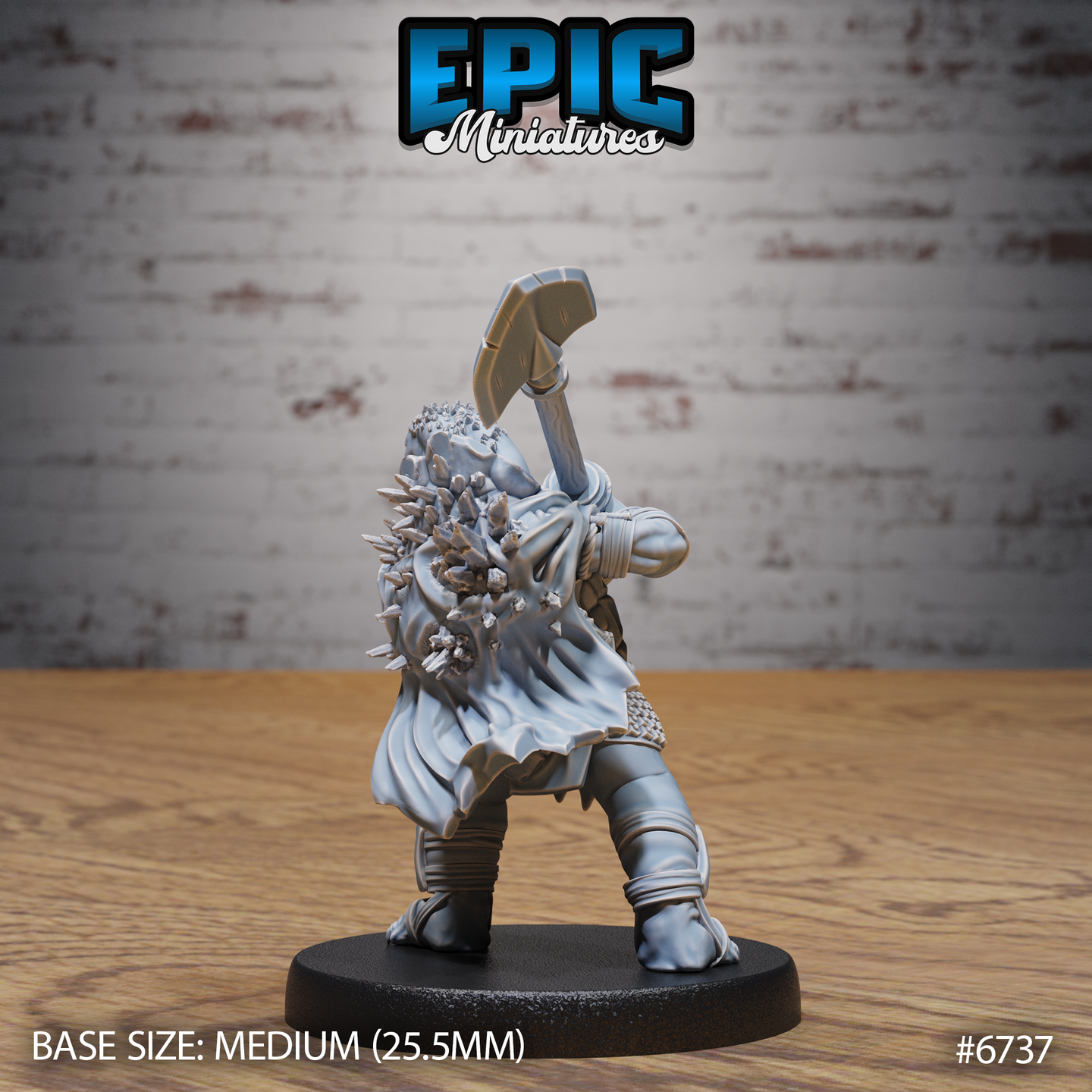 Rear view of the unpainted grey resin Turtlefolk Grave Robber miniature by Epic Miniatures, showcasing the heavily detailed back of the spiked and crystal-encrusted cape, flowing cloak, and bound leg wrappings, with the maul still raised in the attack pose