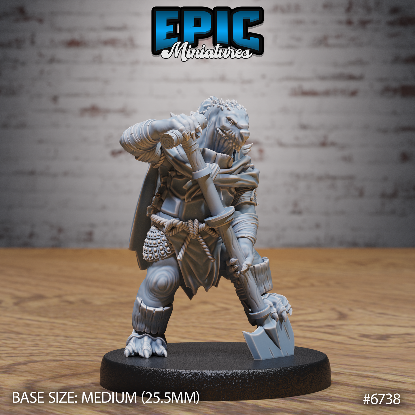 Unpainted grey resin Turtlefolk Grave Robber miniature, front view — stocky reptilian humanoid gripping a large shovel close to the body, wearing rope wrappings and a small net pouch at the waist, clawed feet on a 25.5mm round base, sculpted by Epic Miniatures