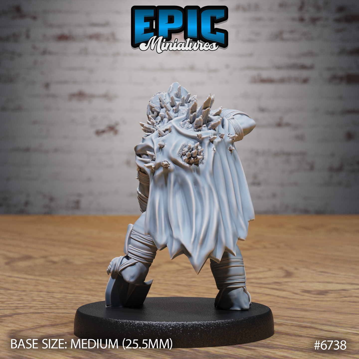 Unpainted grey resin Turtlefolk Grave Robber miniature, rear view — showing a dramatic eruption of jagged crystals from the shell on the back, a flowing tattered cloak draped from the shoulders, and legs bound in leather straps, sculpted by Epic Miniatures