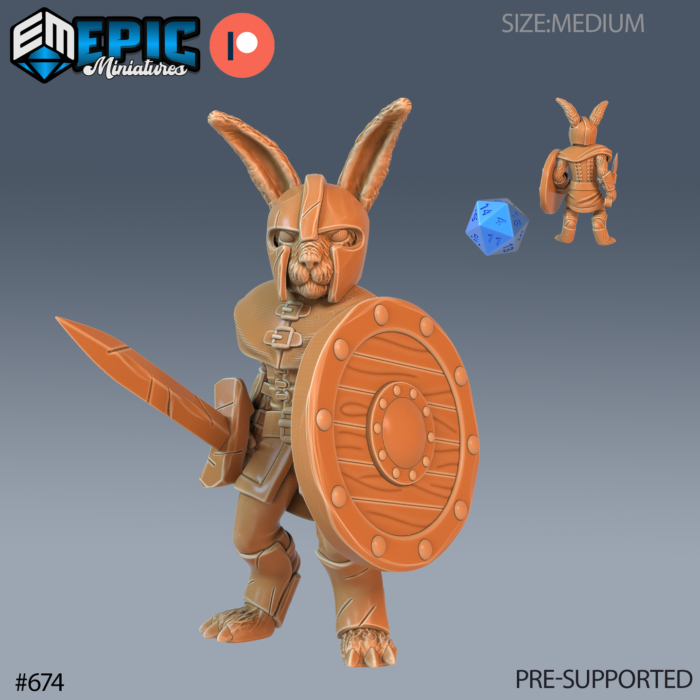 Digital render of an unpainted resin Bunny Soldier miniature — a Harengon warrior in strapped leather and plate armour, holding a broad round shield and short sword, with long ears rising above a close-fitting battle helm. Front and rear views shown alongside a D20 for scale reference.