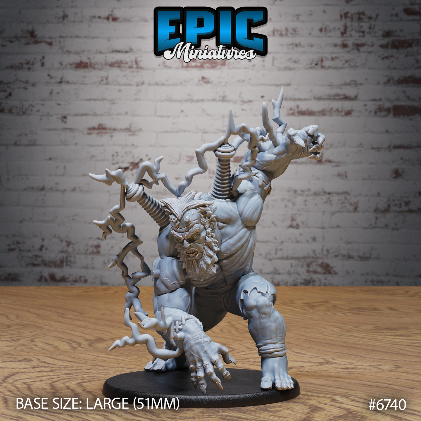 Unpainted grey resin Electric Frankenstein miniature in attack pose — front view showing lion-maned snarling face, muscular stitched body, corkscrewed spine bolt, and branching lightning tendrils erupting from both arms and hands, mounted on a large 51mm oval base