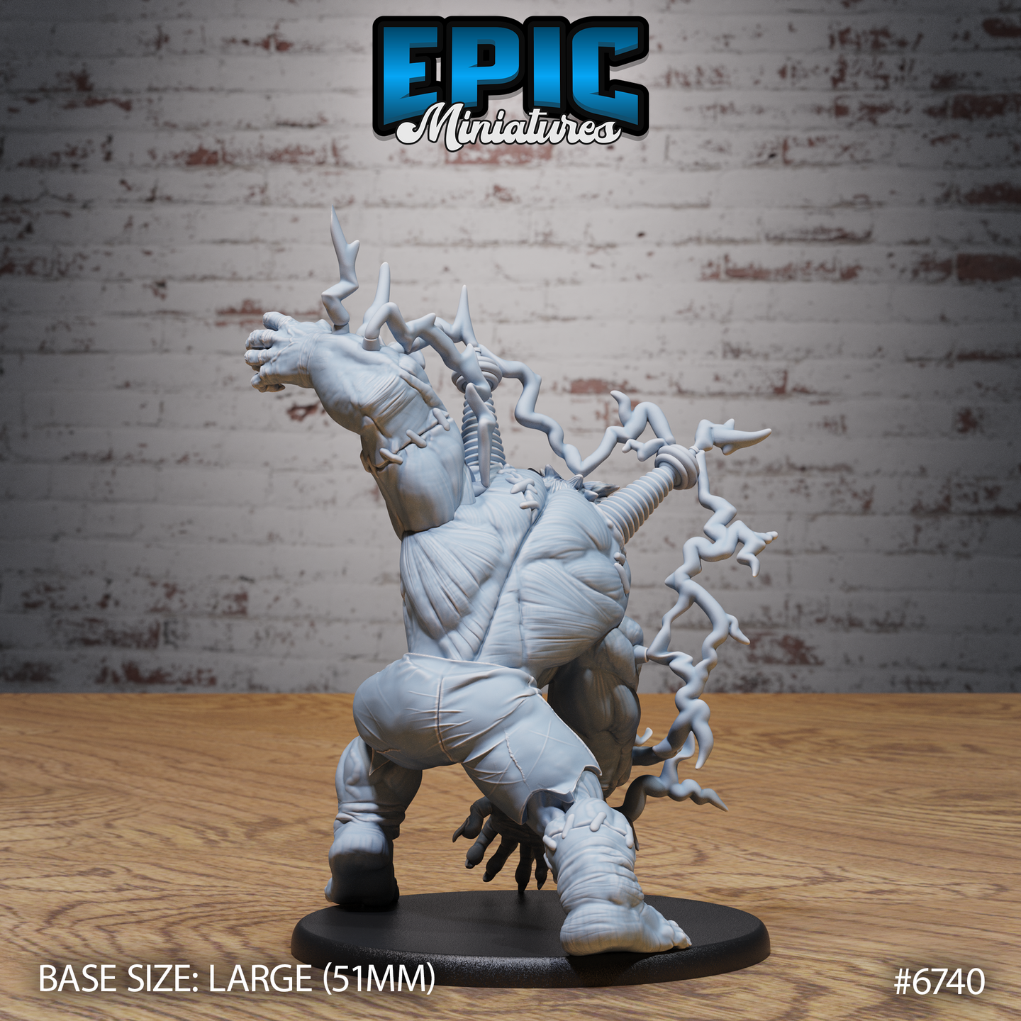 Unpainted grey resin Electric Frankenstein miniature — rear view showing stitched muscle detail across the back, mechanical spine bolt protrusion, and multiple lightning tendrils twisting outward from the arms and torso, on a large 51mm oval base