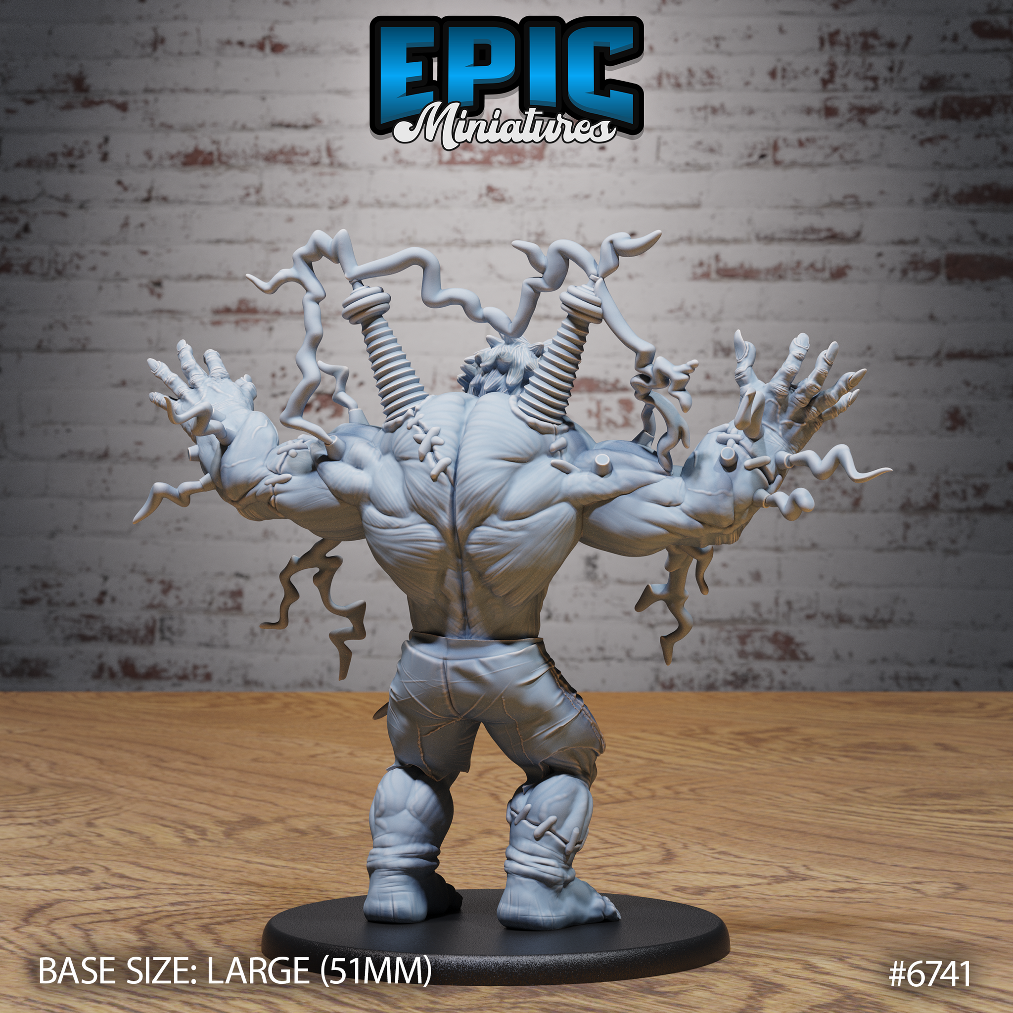 Rear view of the Electric Frankenstein unpainted grey resin miniature on a 51mm black round base — showing the creature's broad muscular back, two prominent mechanical coil devices mounted on the spine, and four symmetrical lightning bolt arcs spreading outward from the arms, photographed against a brick wall background