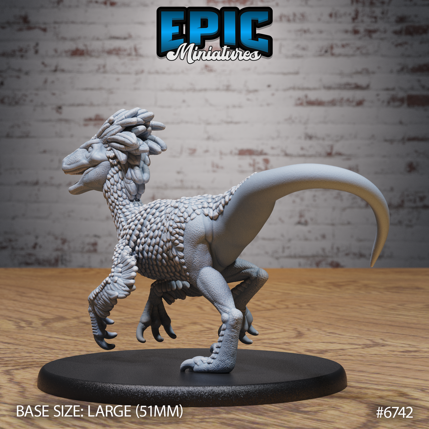 Unpainted grey resin feathered raptor miniature on a 51mm large black base, shown from a rear three-quarter view — tail extended for balance, sickle claws visible on both feet, feathered crest and scale texture clearly resolved across the body. Epic Miniatures sculpt #6742.