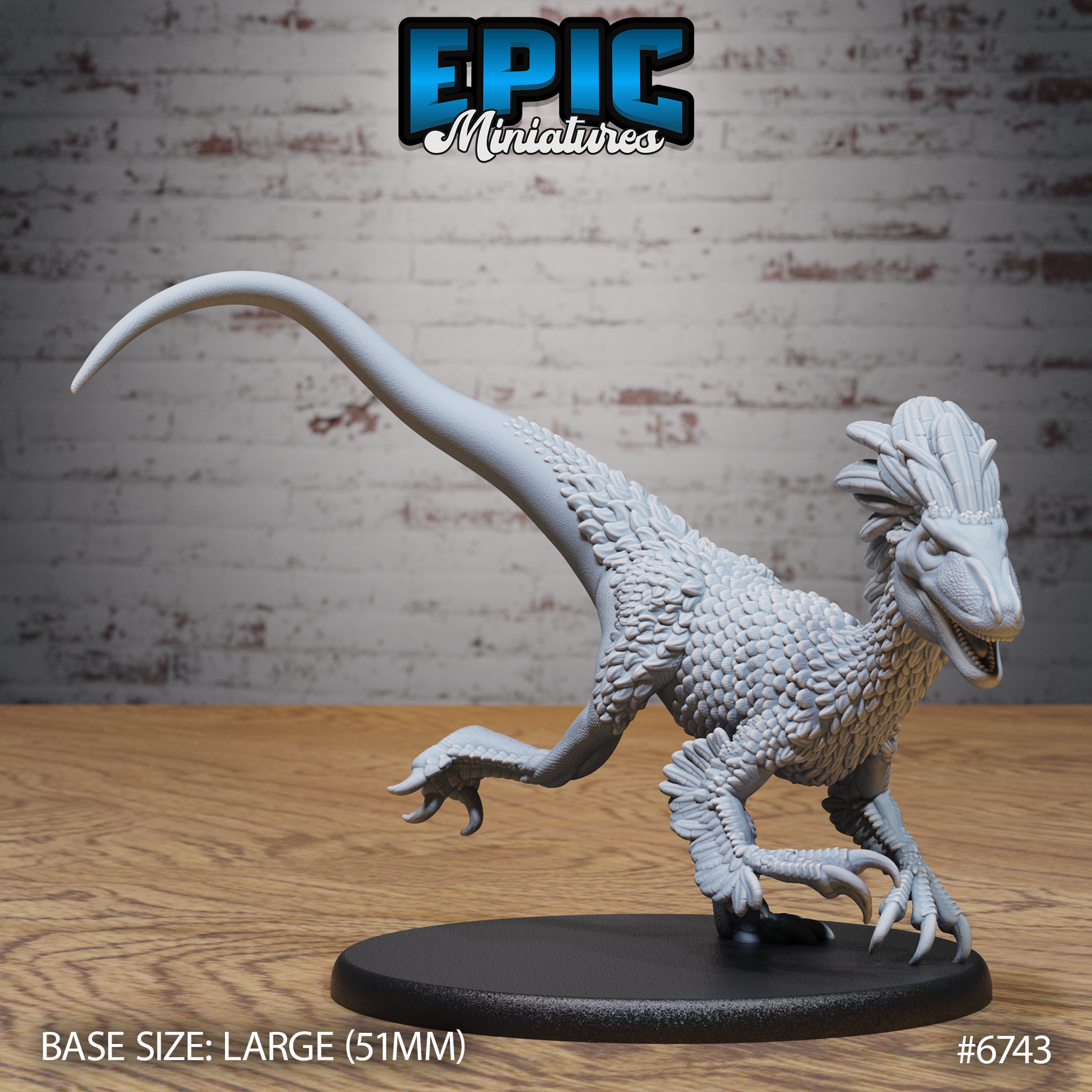 Unpainted grey resin feathered raptor miniature by Epic Miniatures on a 51mm oval base, photographed from a three-quarter front angle showing open jaws, feathered crest, overlapping scale-and-feather body texture, raised sickle claws, and long arched tail