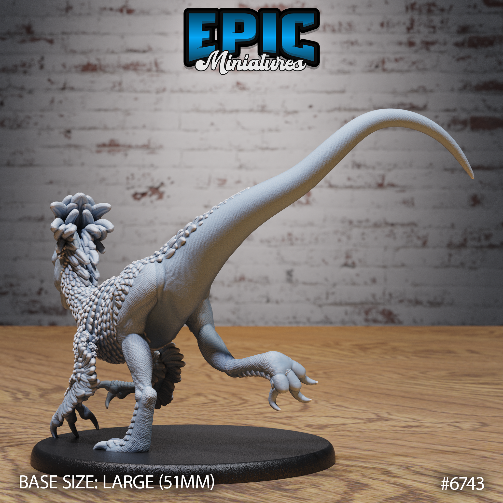 Unpainted grey resin feathered raptor miniature by Epic Miniatures on a 51mm oval base, photographed from a rear three-quarter angle showing the rearing posture, detailed feathered crest from behind, smooth underside contrasting with scaled back, and full length of the sweeping tail