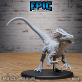 Unpainted grey resin raptor miniature by Epic Miniatures — front three-quarter view showing open jaws mid-roar, feathered frill fanned wide, textured scale and feather detail across chest and limbs, curved talons, and long sweeping tail, on a large 51mm round black base