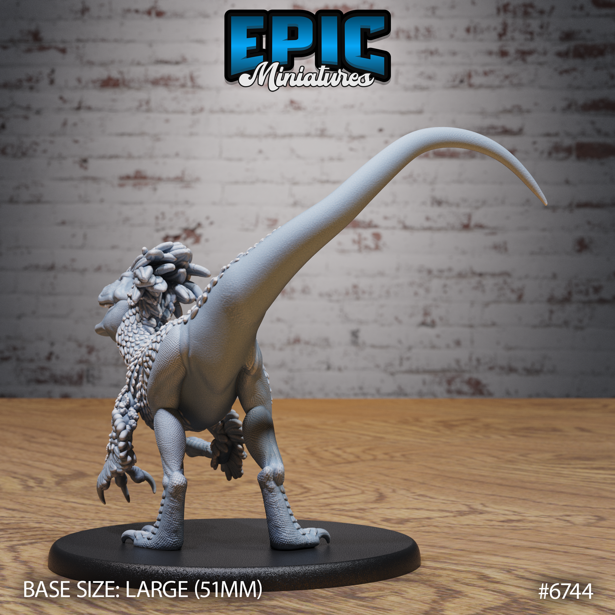 Unpainted grey resin raptor miniature by Epic Miniatures — rear three-quarter view showing the long arching tail, smooth flanks, feathered crest and frill at the back of the head, and powerful hindleg talons, on a large 51mm round black base