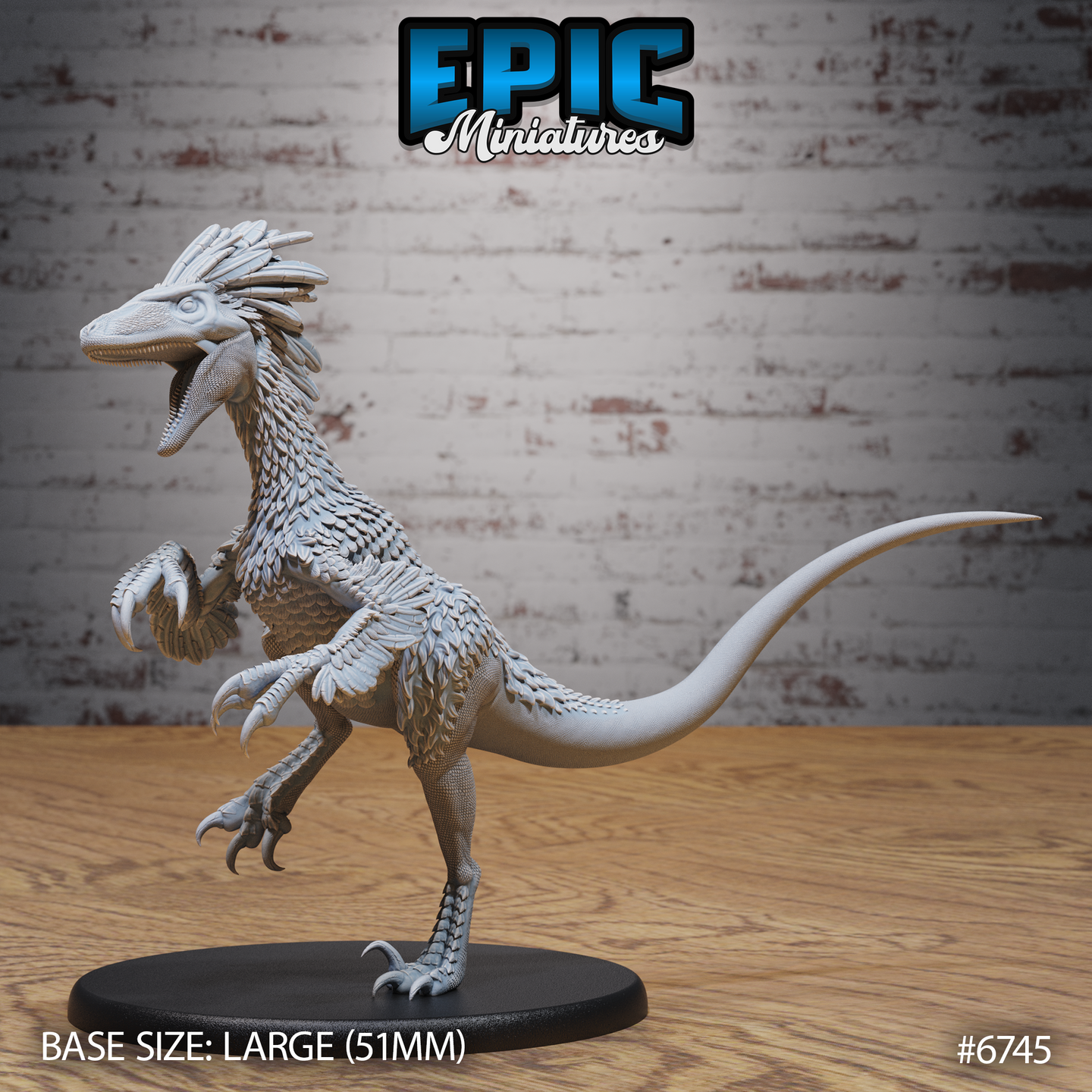 Unpainted grey resin raptor miniature on a large 51mm black base, photographed from the front-left. The feathered raptor rears up on its hind legs with one clawed foot raised, forelimbs spread wide with quill-like feathers, jaws open, and a prominent feathered crest on its head. Scale reference indicates large creature size.