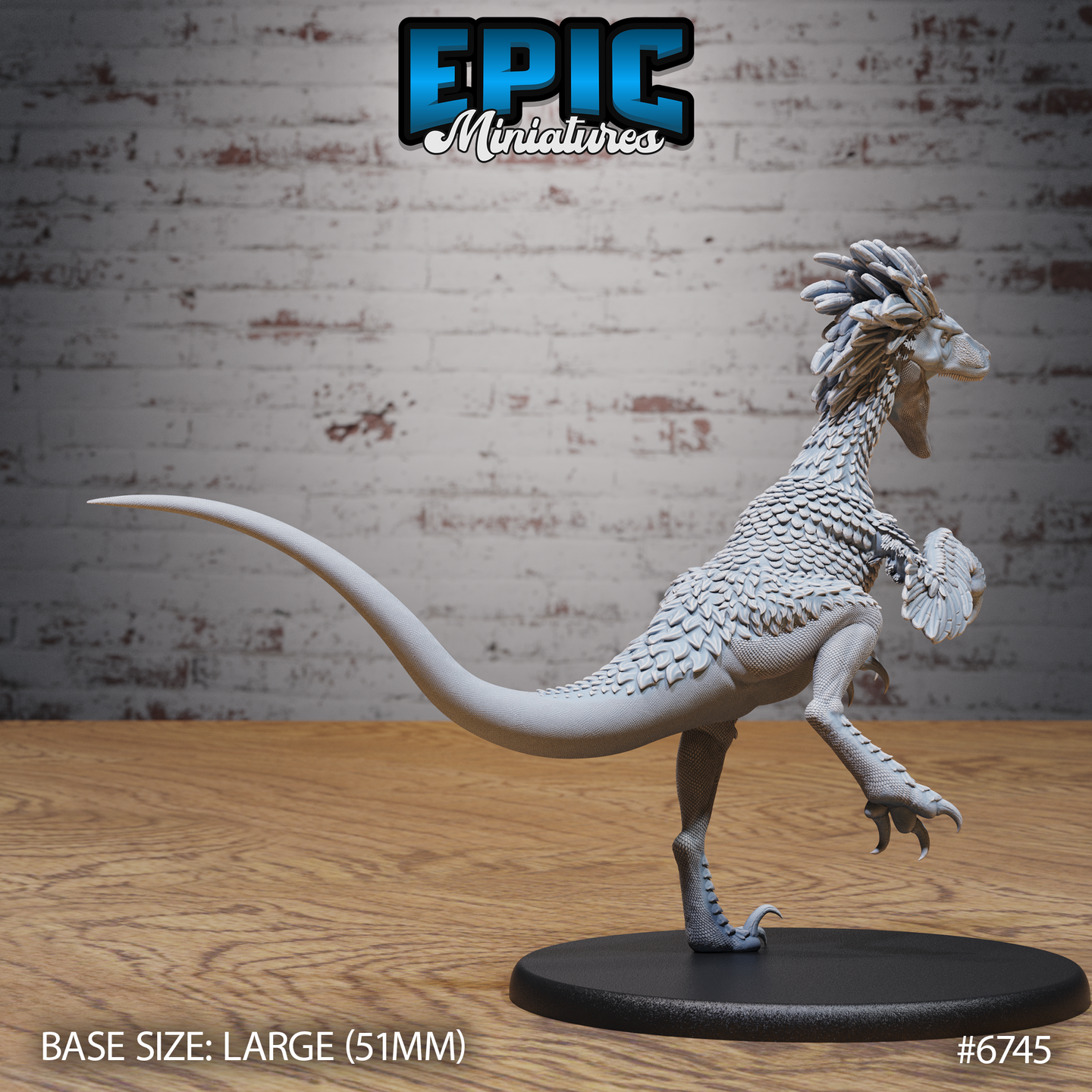 Unpainted grey resin raptor miniature on a large 51mm black base, photographed from the rear-right. The rear view shows the sweeping counter-balancing tail, detailed scale texture across the back and haunches, feathered arm plumage, and the fanned head crest turned in profile. Sickle-shaped toe claws are clearly visible.