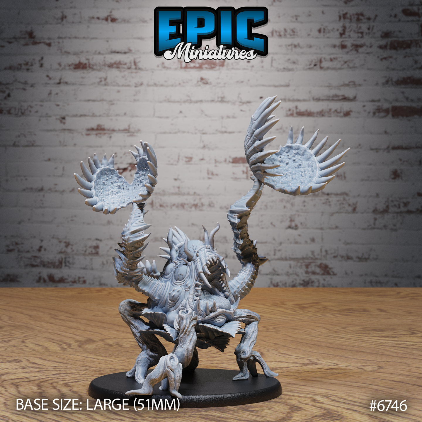 Front view of an unpainted grey resin Giga Flytrap miniature by Epic Miniatures — a large insectoid carnivorous plant creature with two raised snap-trap tendrils, a fanged central body, and four splayed legs, mounted on a 51mm oval black base