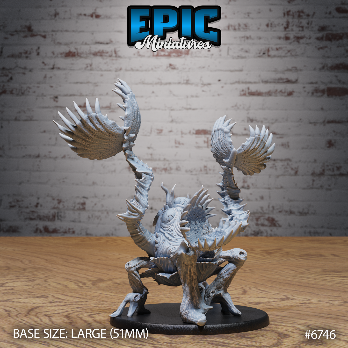 Rear three-quarter view of the unpainted grey resin Giga Flytrap miniature showing the segmented carapace detail, twin raised jaw-tipped tendrils, spiked torso, and multi-legged stance on a 51mm oval base