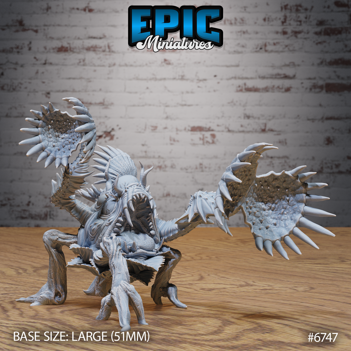 Front-facing render of the Giga Flytrap miniature by Epic Miniatures — an unpainted grey resin large creature with spiked fin-wings spread wide, a gaping fanged maw with multiple rows of teeth, and gnarled bark-textured root legs, on a large 51mm base