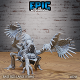 Front-facing render of the Giga Flytrap miniature by Epic Miniatures — an unpainted grey resin large creature with spiked fin-wings spread wide, a gaping fanged maw with multiple rows of teeth, and gnarled bark-textured root legs, on a large 51mm base