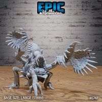 Front-facing render of the Giga Flytrap miniature by Epic Miniatures — an unpainted grey resin large creature with spiked fin-wings spread wide, a gaping fanged maw with multiple rows of teeth, and gnarled bark-textured root legs, on a large 51mm base