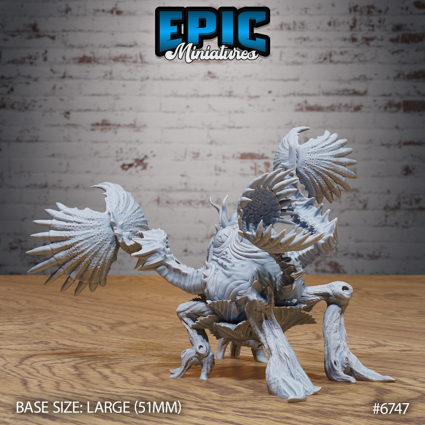 Rear three-quarter render of the Giga Flytrap miniature by Epic Miniatures — showing the layered spiked fin-wings from behind, the swollen segmented body, and the splayed root-like legs in an unpainted grey resin finish, large 51mm base visible