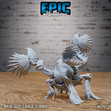 Rear three-quarter render of the Giga Flytrap miniature by Epic Miniatures — showing the layered spiked fin-wings from behind, the swollen segmented body, and the splayed root-like legs in an unpainted grey resin finish, large 51mm base visible