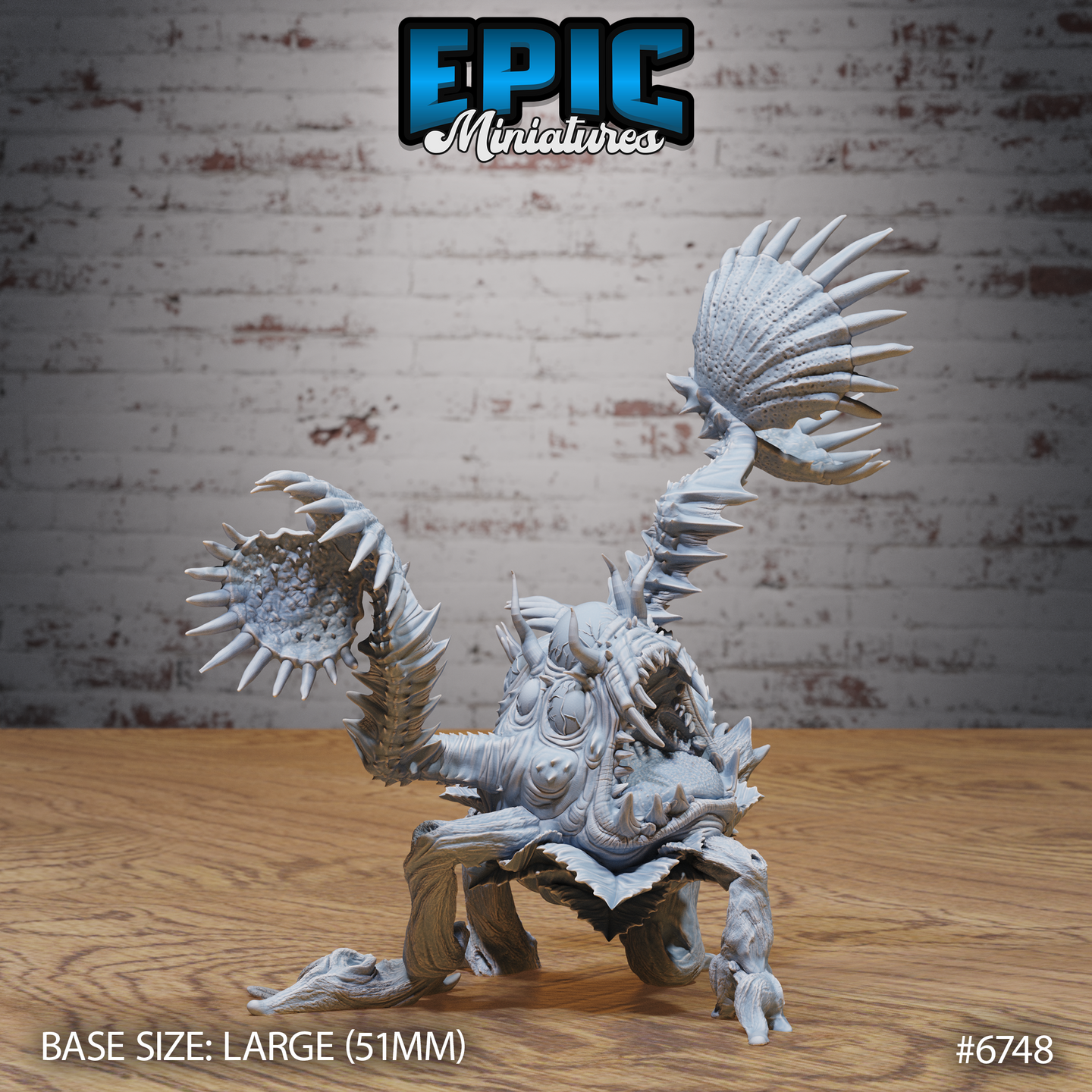 Unpainted grey resin miniature of the Giga Flytrap Rage by Epic Miniatures — a large plant-beast creature with two snap-jaw arms, rows of spines, and a gaping torso maw, photographed from a front-left angle on a wooden surface with a large 51mm base indicator