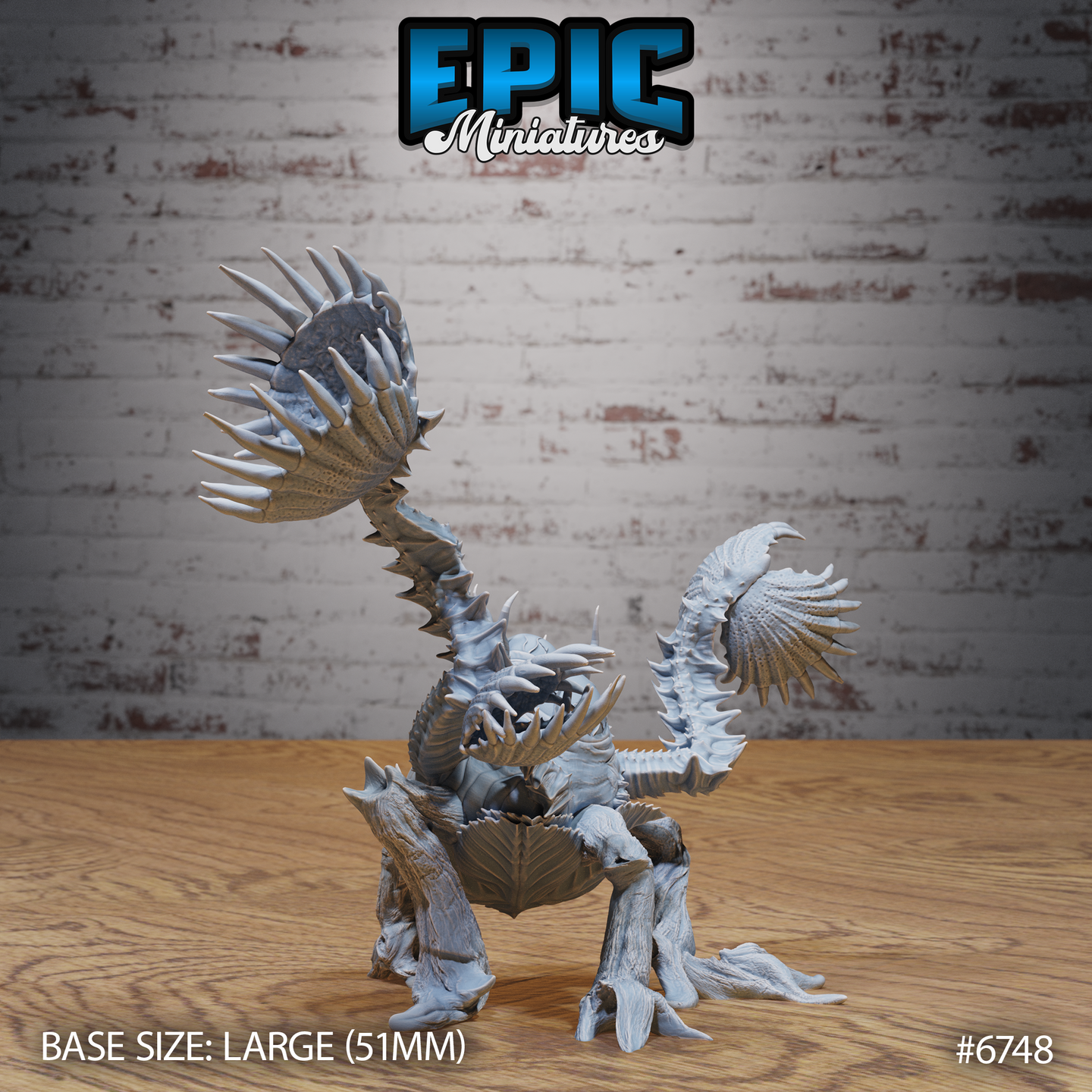 Unpainted grey resin miniature of the Giga Flytrap Rage by Epic Miniatures — rear three-quarter view showing the flared spined fronds on its back, twisted root-like legs, and a second snapping jaw clutching a spherical object, with a 51mm base size reference