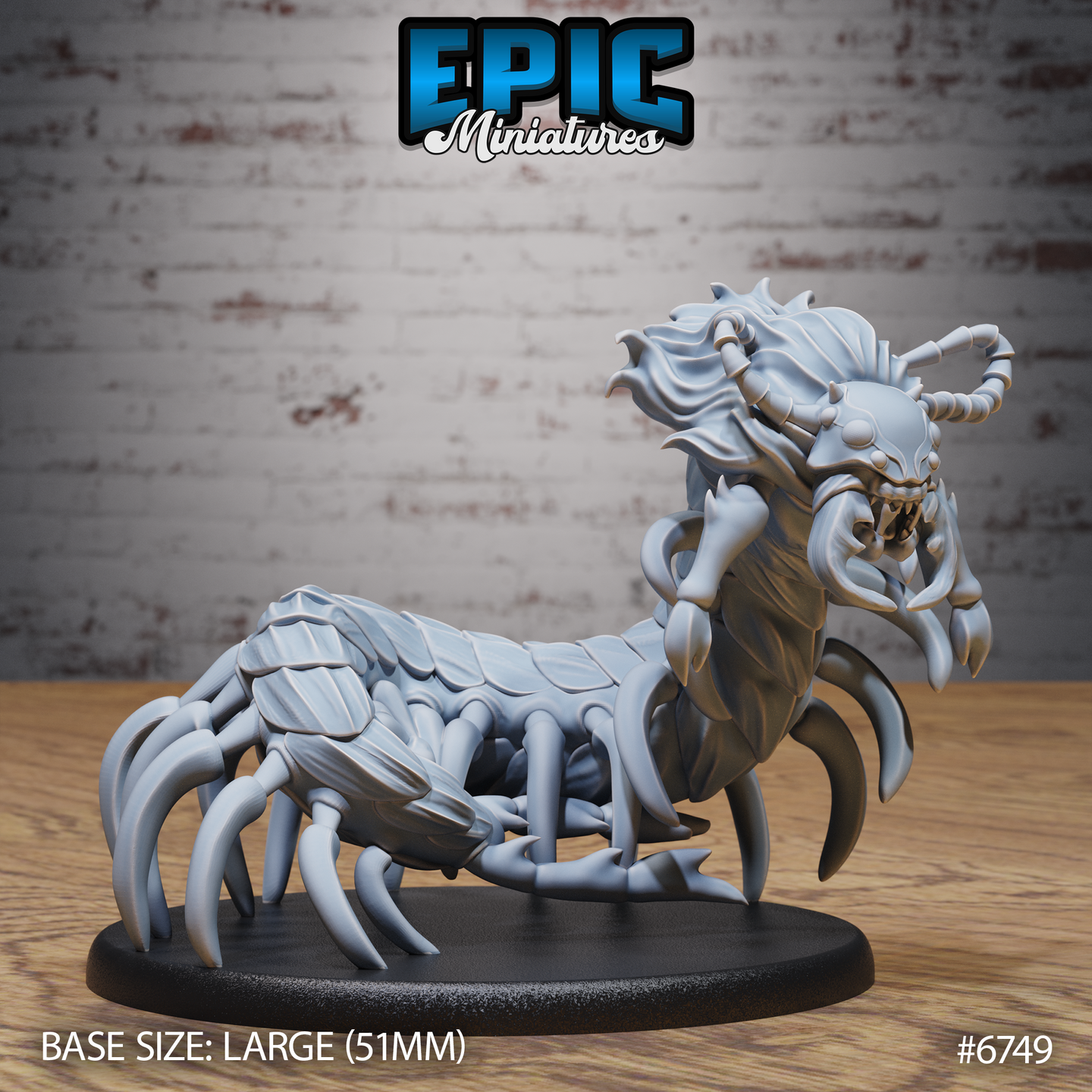 Unpainted grey resin Primal Centipede miniature by Epic Miniatures, shown from the front-left angle on a 51mm oval black base, featuring a monstrous segmented body, multiple hooked claws, a mane of fibrous tendrils, and a grotesque mandible-lined face with curling antennae