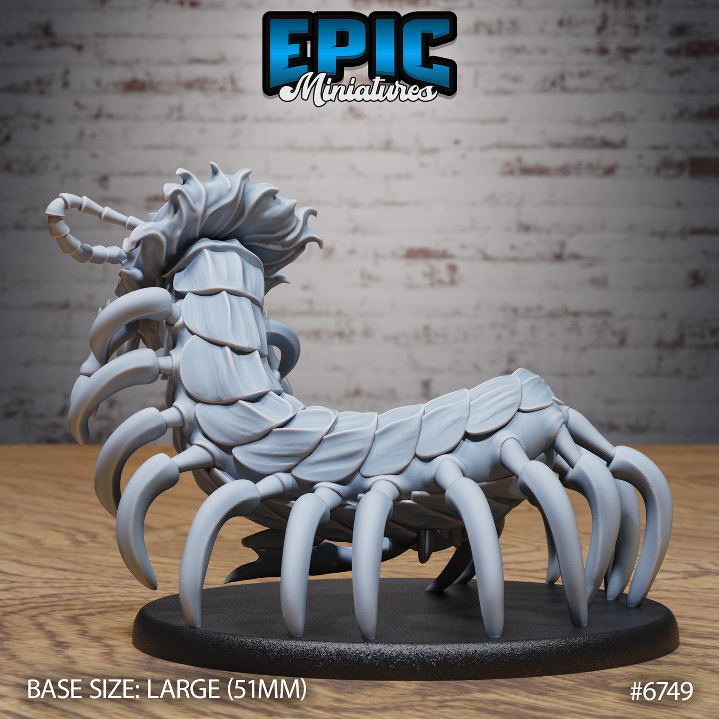 Unpainted grey resin Primal Centipede miniature by Epic Miniatures, shown from the rear-left angle on a 51mm oval black base, highlighting the overlapping chitinous plate segments across the creature's back, curved leg claws, and the sweeping crest of tendrils around its head