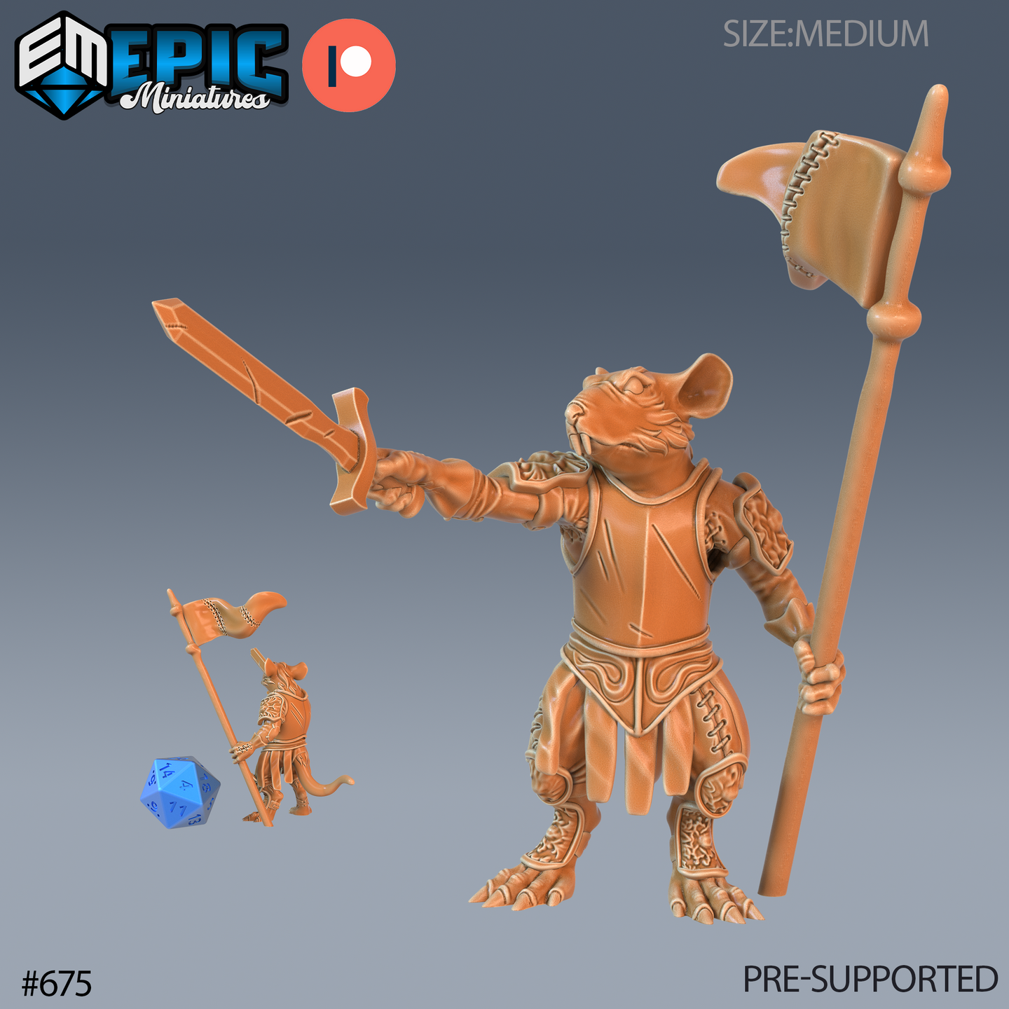 Digital render of an armoured ratfolk warlord miniature holding a broad sword in one outstretched hand and a tall banner pole with a stitched leather standard in the other, shown in warm tan resin colour with detailed knotwork armour, alongside a small 32mm scale reference render and a blue d20 die for size comparison — by Epic Miniatures