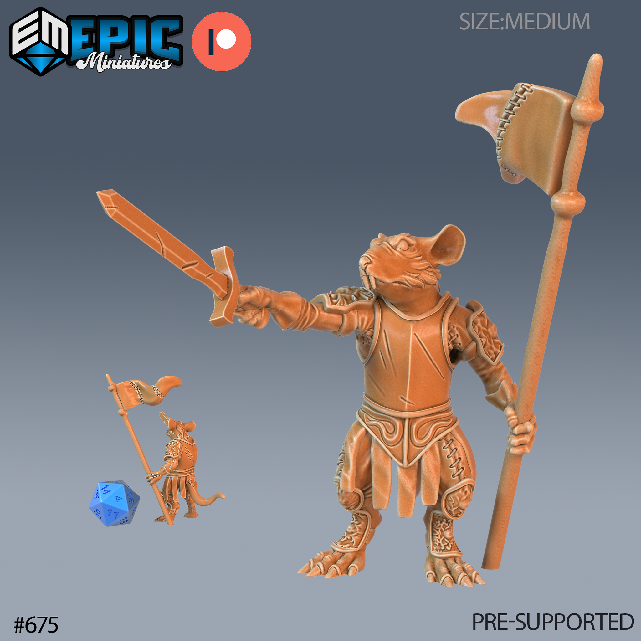 Digital render of an armoured ratfolk warlord miniature holding a broad sword in one outstretched hand and a tall banner pole with a stitched leather standard in the other, shown in warm tan resin colour with detailed knotwork armour, alongside a small 32mm scale reference render and a blue d20 die for size comparison — by Epic Miniatures