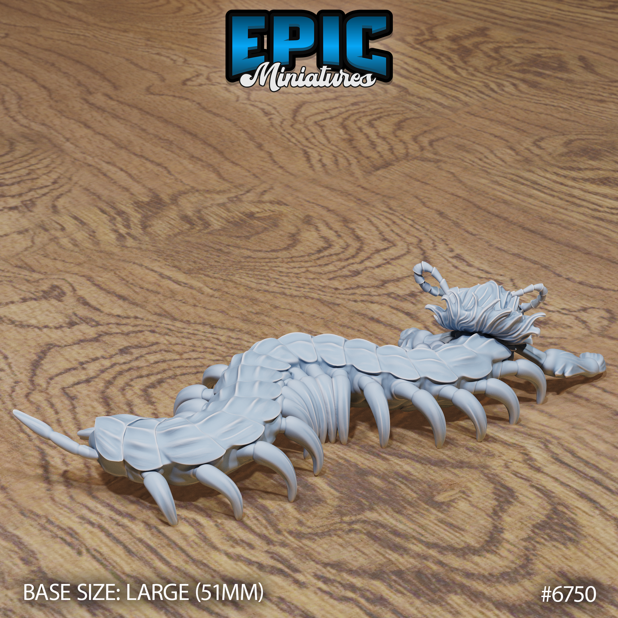Unpainted grey resin miniature of a primal centipede — rear-angle view showing the coiled segmented body, upward-fanning mane frills, and long curved legs. Large 51mm base. Photographed by Epic Miniatures.